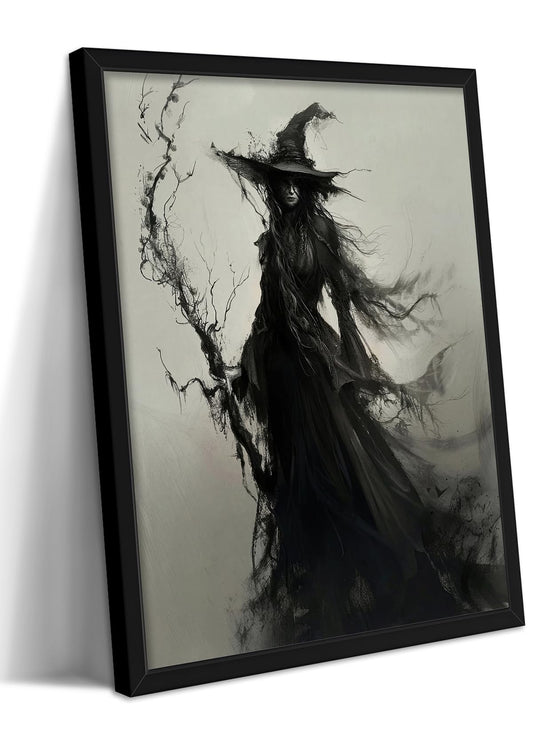 Vintage Halloween Dark Witch Canvas Wall Art, Mysterious Witch with Flowing Robes Print, Black Watercolor Fantasy Gothic Artwork, Dark Academia Wall Decor for Living Room Bedroom, 16x12in Black Framed