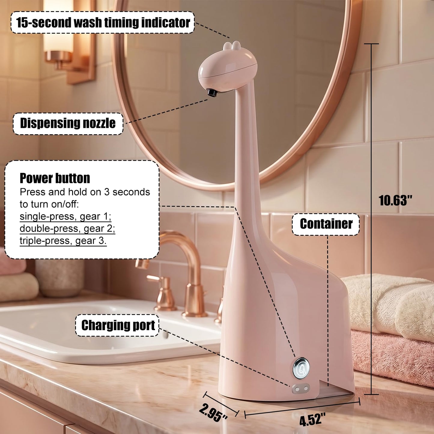 Automatic Soap Dispenser,Cute Dinosaur, Touchless, Rechargeable Foaming Soap Dispenser, 10oz/300ml, 3-Level Adjustable Foam, IPX5 Waterproof for Bathroom, Kitchen, Hotel,Restaurant, Pink