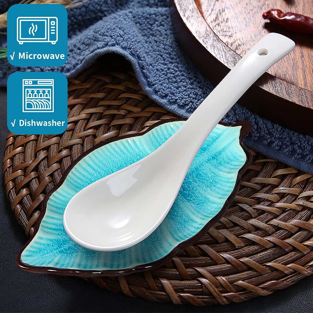 Sanbege 2 Pack Leaf Spoon Rest, Ceramic Ladle Holder, Modern Farmhouse Decorative Utensil Rester for Stove Top, Kitchen Counter, Dining Table, Coffee Station (Teal)