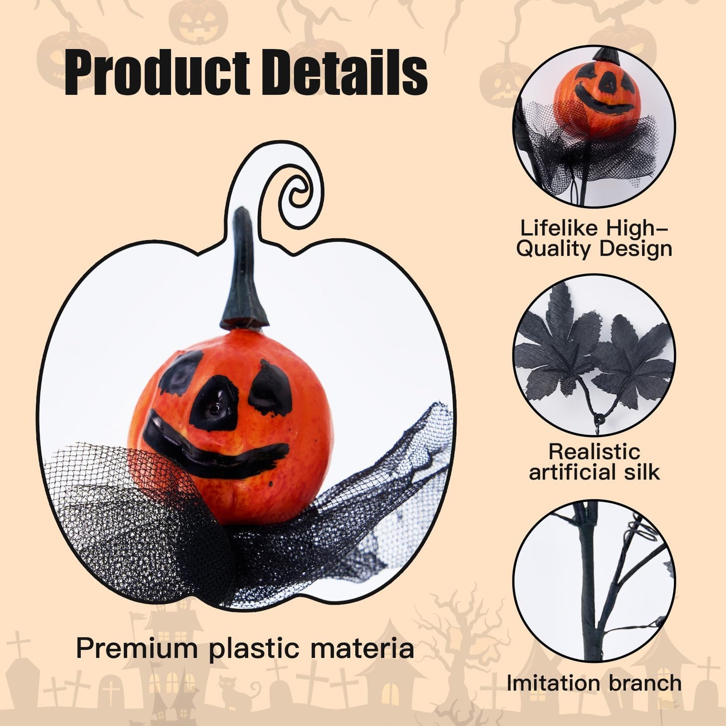Sherika 5PCS Halloween Decorations Indoor, 19.5Inch Artificial Pumpkin Maple Leaf Floral Stems Halloween Branches Decoration, for Home Vase Arrangement Decor - Black.