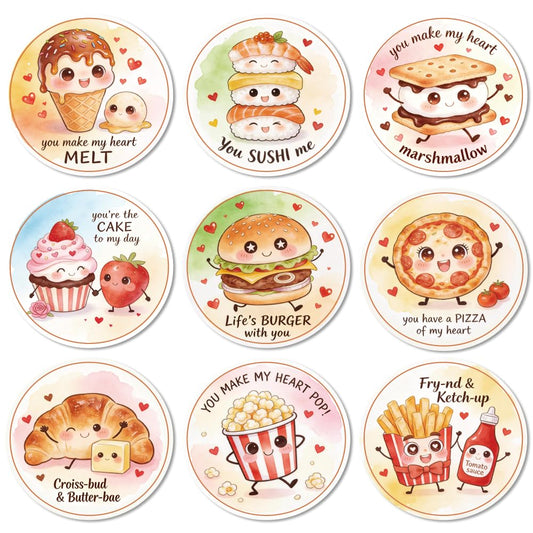 ANATTASOUL Coasters Set of 9 Food Puns Pattern Colorful Wooden Coasters Bulk Round Housewarming Gift for New Home, 3.9" Decorative Coffee Table Protection for Farmhouse Bar House Decor