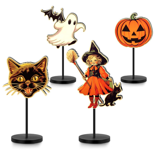 Huwena 4 Pcs Vintage Halloween Decorations - Wood Pumpkin, Witch, Cat, Ghost Topper Sign for Table - Classic Orange and Black Party Table Centerpiece for Halloween Home Room Decor