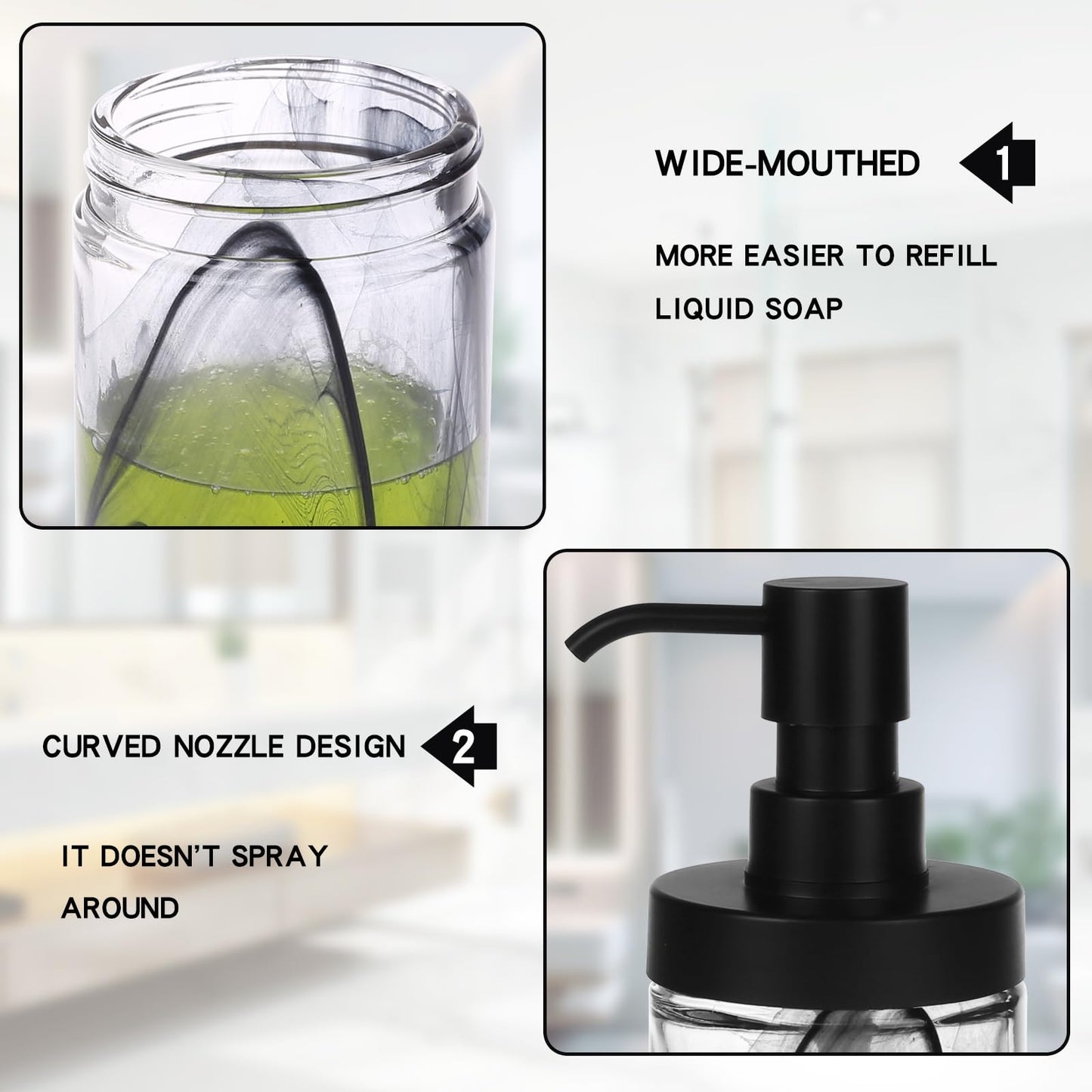 Suanti Soap Dispenser,12.5 Oz Black Moire Wide Open Glass Hand Soap Dispenser, Hand Soap Dispenser for Bathroom & Kitchen, Refillable Black Soap Dispenser with Waterproof Labels