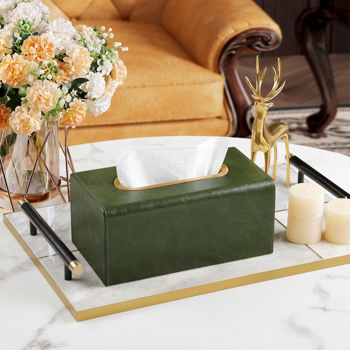 MEIBOOCH PU Leather Tissue Box Cover Rectangular Tissue Box Holder for Boxes Up to 3.9" Tall, Decorative Rectangle Tissue Cover for Bathroom Living Room Car Office (Dark Green)