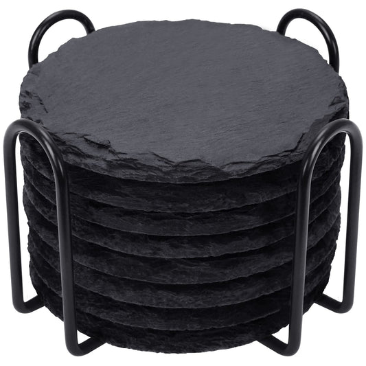Slate Drink Coasters with Metal Holder, GOH DODD Set of 8 Black Coasters, 4 Inch Stone Coaster Set Tabletop Protection for Home Kitchen Apartment Bar Decor Housewarming Gifts Wedding Party, Round