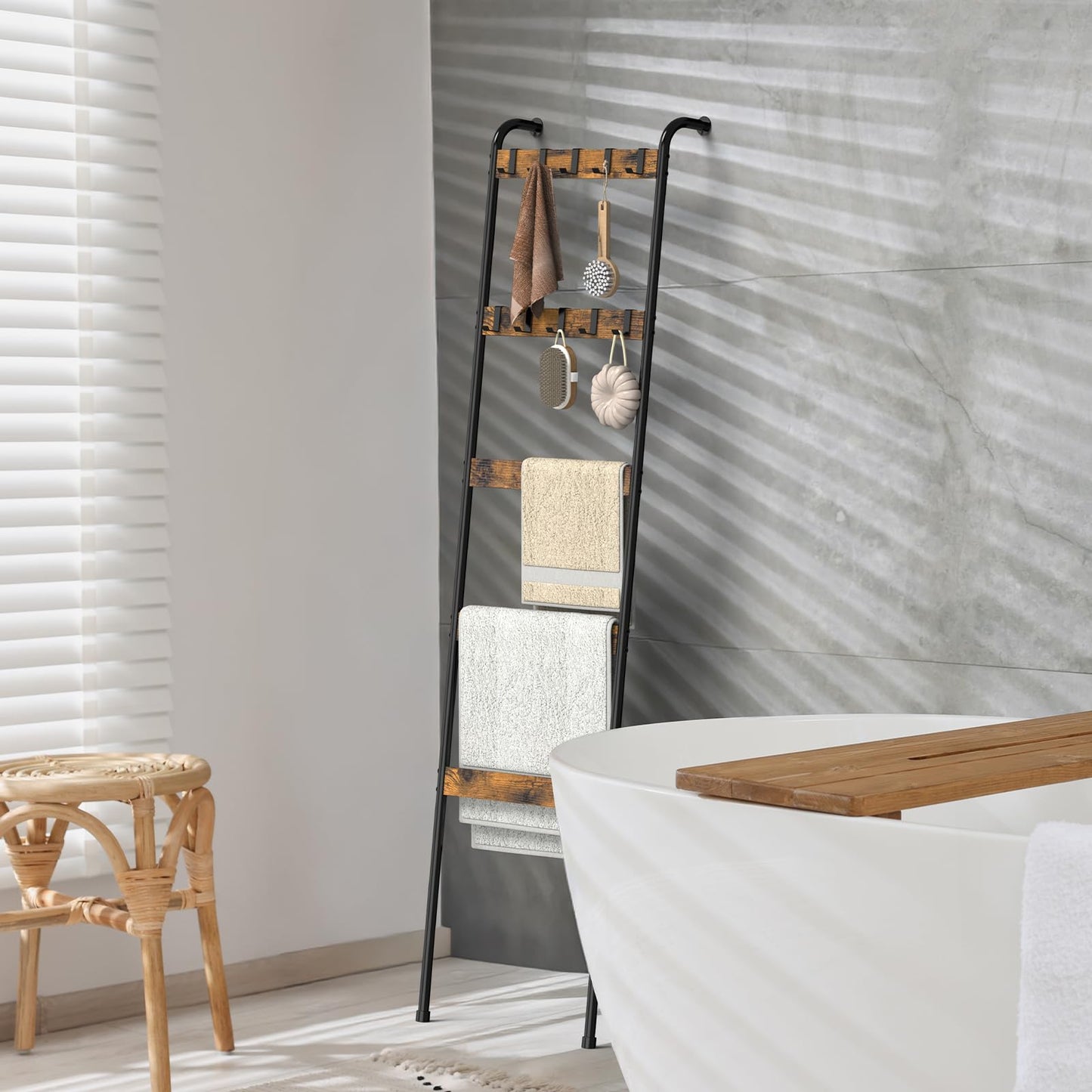 NOMISPADVIC Blanket Ladder for Living Room Towel Ladder for Bathroom Decorative Quilt Rack for Home Decor 5-Tier Throw Blanket Holder with 10 Hooks, Rustic Brown and Black