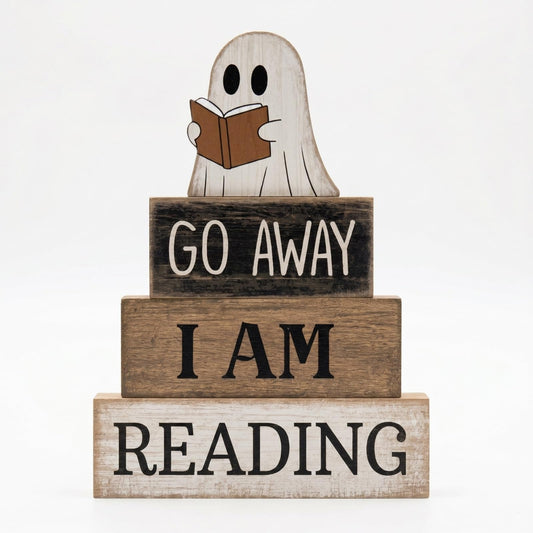 Moucuny 4 Pcs Halloween Table Decoration Wooden Ghost Reading Stacked Block Decor, "Go Away I Am Reading" Sign, Rustic Ghost Centerpiece Book Lover Halloween Tiered Tray Decor for Home Office Library