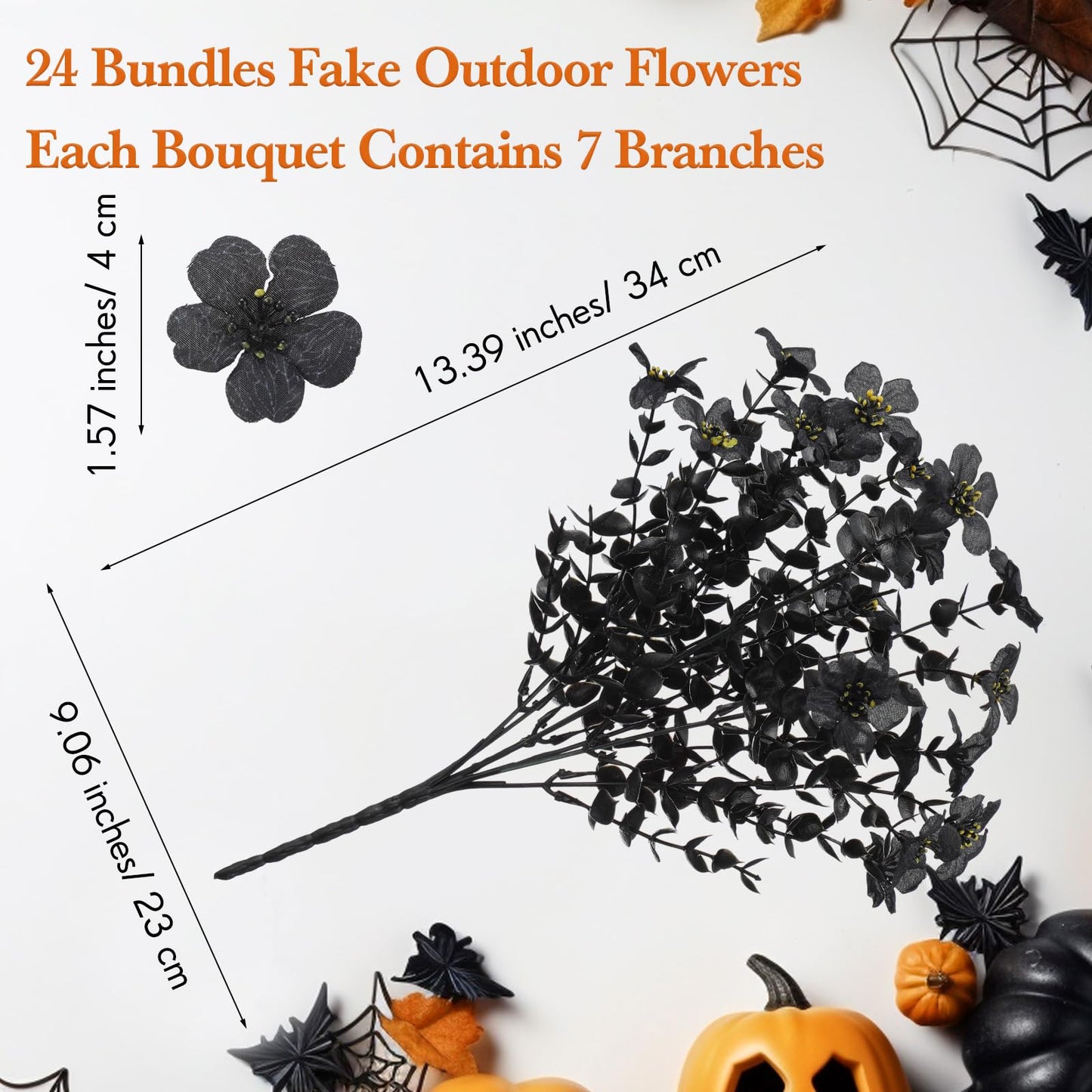 Giegxin 24 Bundles Halloween Artificial Flowers Outdoor Black Eucalyptus UV Resistant Outdoors Fake Plants Faux Plastic Flower for Hanging Planters Outside Porch Vase Home Window
