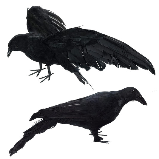 Black Fake Crows Halloween Decorations - Fake Crow Decor - 2 Pcs Large Realistic Feather Black Crows for Halloween Decor Birds - Plastic Stuffed Crow Prop Decoration Outdoor Indoor Tree Fence, 11 Inch