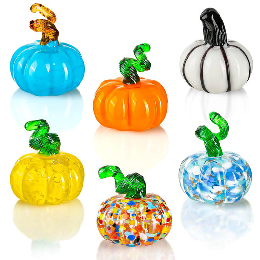ALDMIO 6 Pcs Halloween Hand Blown Glass Pumpkin Decorations, Mini Pumpkins Halloween Pumpkin Figurines, Glass Fruit Decor for Thanksgiving Ornament, Fall Harvest and Collectible Figurine Present