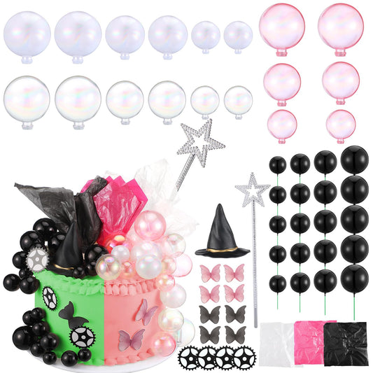 Soulchen 73 Pcs Witch Theme Party Supplies Witch Hat Cake Toppers Star Wand Colorful Balls Butterfly Cupcake Toppers Gears Decorative Paper Cake Decors for Birthday Pink and Green Party Decor
