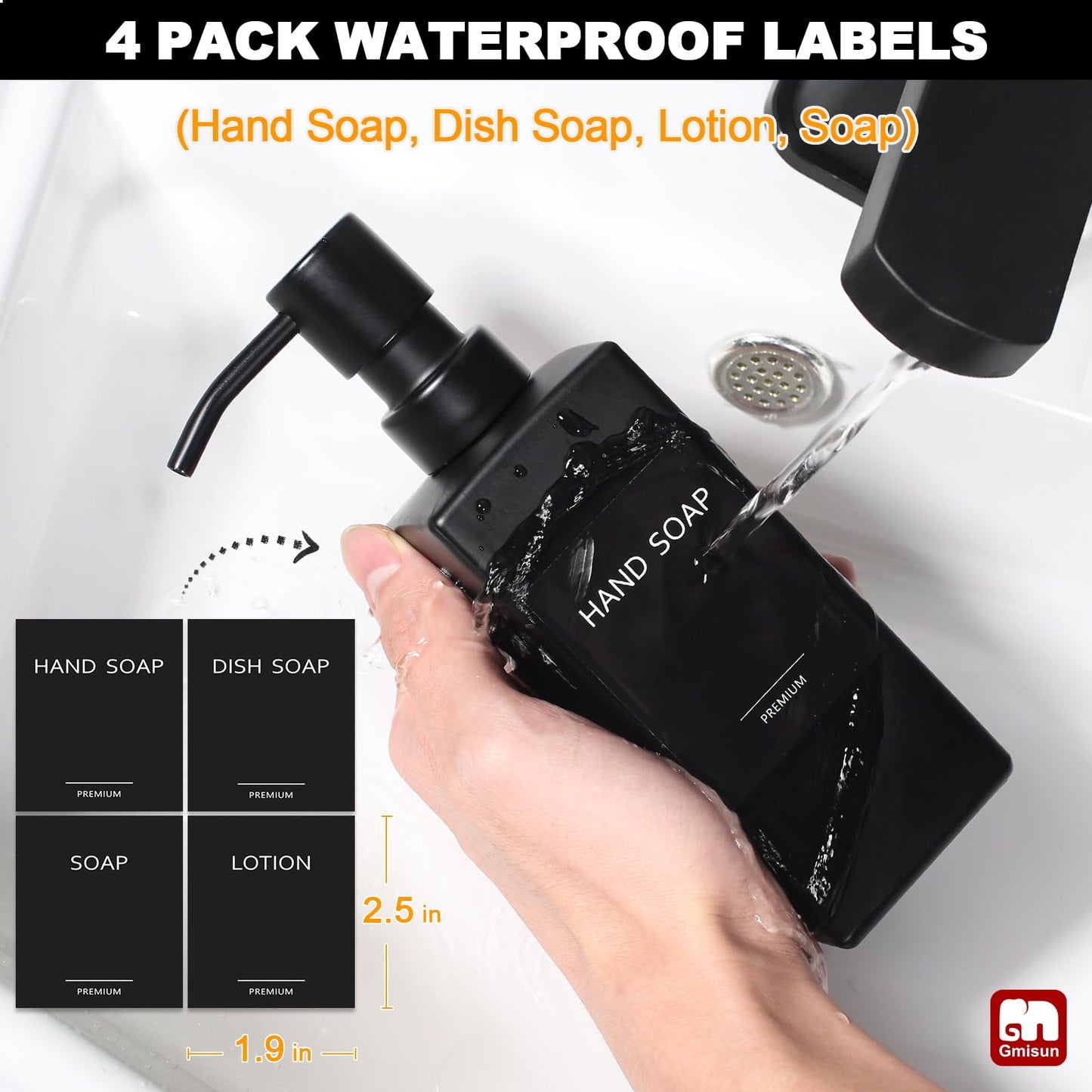 GMISUN Black Soap Dispenser, Hand Soap Dispenser Bathroom, 12oz Glass Soap Dispenser with Stainless Steel Pump, Liquid Dish Soap Dispenser for Kitchen, Modern Bathroom/Kitchen Soap Dispenser Set