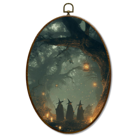 JQF Dark Academia Fantasy Forest Witchy Oval Wall Decor, Gothic Oval Canvas Wall Art, Whimsical Magical Forest Witchy Framed Prints Hanging Decor for Home Bedroom Living Room, 8.5x11.5 Inch