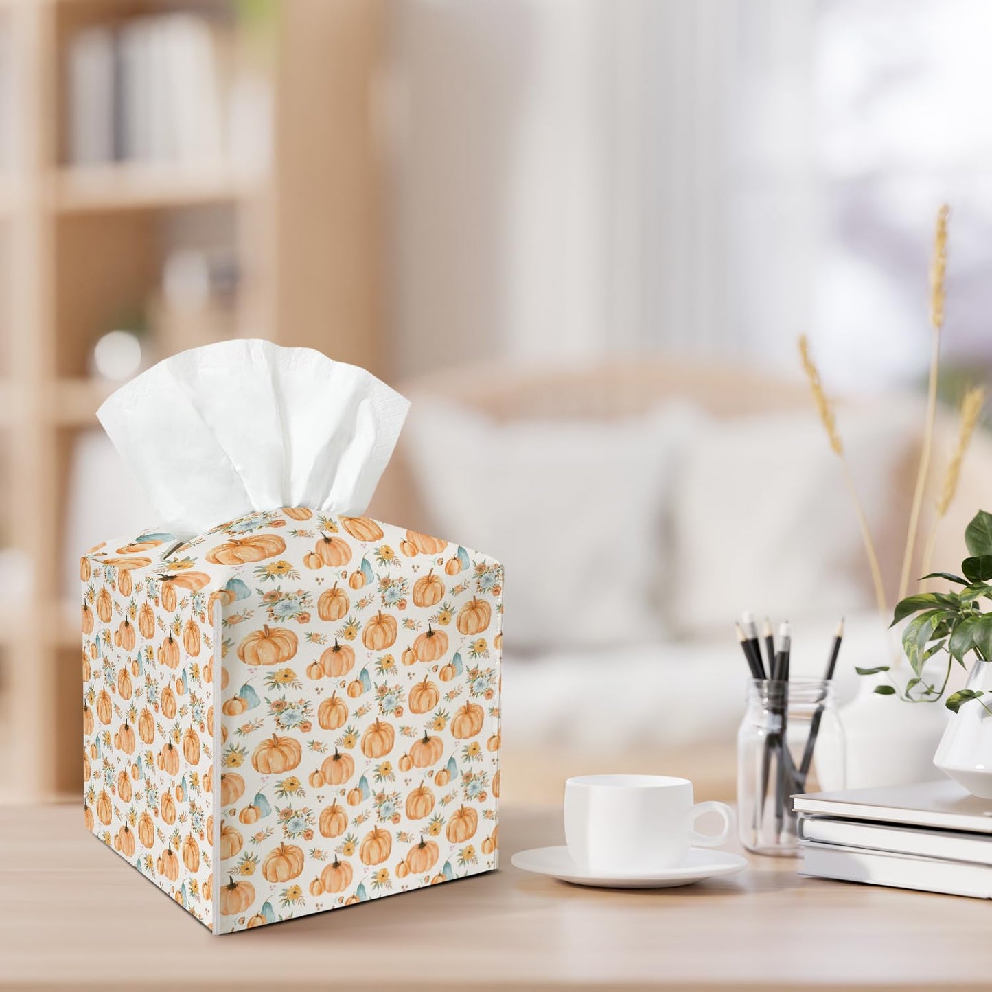 Boho Pumpkin Leather Tissue Box Cover Square Watercolour Tissue Holder for Car Livingroom Office Decor Ideal Gifts for Women Mom Kids Family Bestie Thanksgiving Birthday Halloween Autumn - YT0197