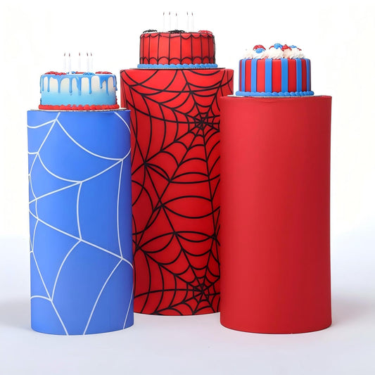 Mindsoft Set of 3 Spider Themed Spandex Cylinder Stand Covers for Carnival Party, Red Blue Cylinder Pedestal Cover, Dessert Table Display for Birthday Baby Shower Backdrop Decor(Spider)