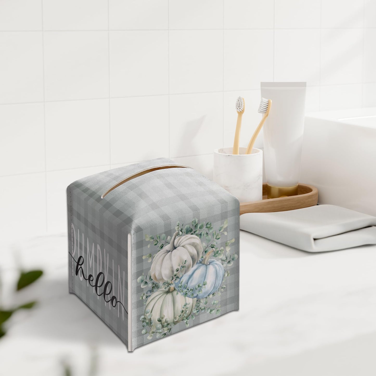 Pumpkin Tissue Box Holder, Eucalyptus Pumpkin Plaid Leather Tissue Box Cover Square, Harvest Facial Paper Organizer Dispenser Toilet Paper Holder for Bathroom Kitchen Office Home Decor-A28
