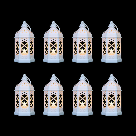 Reperla 8-Pack Mini Lanterns for Ramadan, Wedding,Halloween,Christmas, Small Decorative Lanterns with LED Candle for Baby Shower Party, Moroccan Lantern for Table Centerpiece, Medieval Decor, White