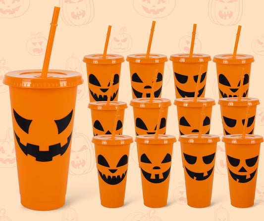 JarThenaAMCS 24Pcs Halloween Plastic Cups with Straws Lids Orange Pumpkin Plastic Tumbler Spooky Festive Cold Cups for Home Office Halloween Party Supplies