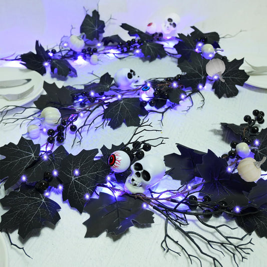 HamiFinee Halloween Garland Lights 6FT Battery Operated with Timer Pumpkins Eyeballs Skulls Berries Maple Leaves Dead Branch Black Garland for Fall Party Mantle Wall Home Indoor Halloween Decoration