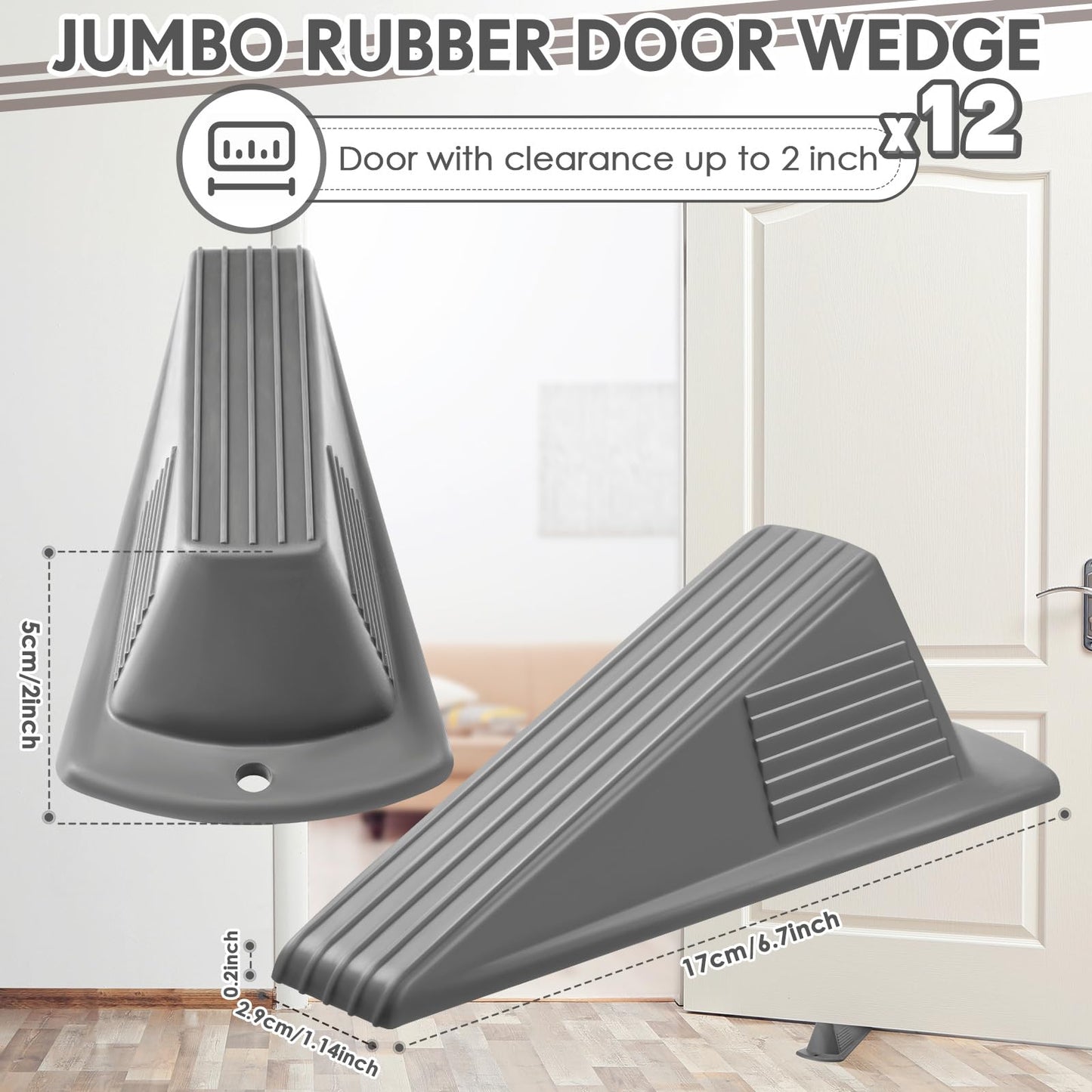 Frienda 12 Pcs Jumbo Door Stoppers Heavy Duty Door Stopper Tall up to 2inch Tall Wedge TPR Large Wedge Stackable Big Rubber Doorstop for Hotel Carpet Hardwood Concrete and Tile (Gray)
