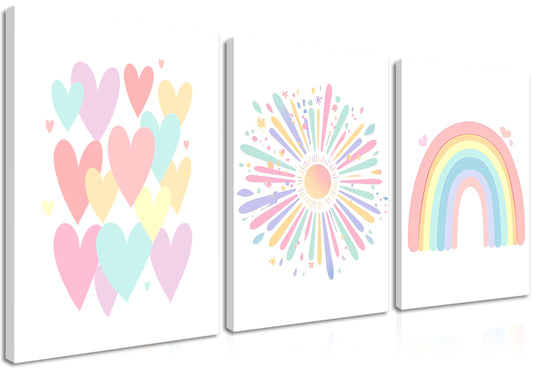 Framed Girls Rainbow Canvas Wall Art Set of 3, Colorful Boho Sun Nursery Wall Decor Painting, Kids Heart Picture Posters Prints for Classroom Kids Room Baby Room Bedroom Dorm Decor 12x16 In