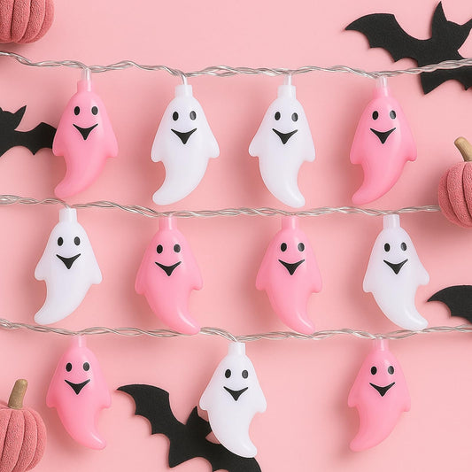 Glooglitter 2 Pcs Pink Halloween Ghost Lights 6.5 ft Pink Cute Ghost Lights String for Halloween Decorations Indoor Window Tree Yard Decoration Porch Camper Party Door Decor