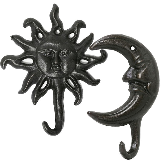 TANGAN Cast Iron Hook, 2Pcs Heavy Duty Vintage Cast Iron Hooks with Screws Hanging, Antique Decorative Wall Hooks Hanger for Coat, Scarf, Bag, Towel, Key, Cap (Sun and Moon)