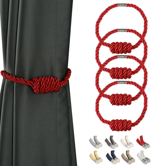 BEL AVENIR Magnetic Curtain Tiebacks, Decorative Drapery Holdbacks Modern Woven Tie-Backs with Exquisite Knot (Red, 4 Pack)