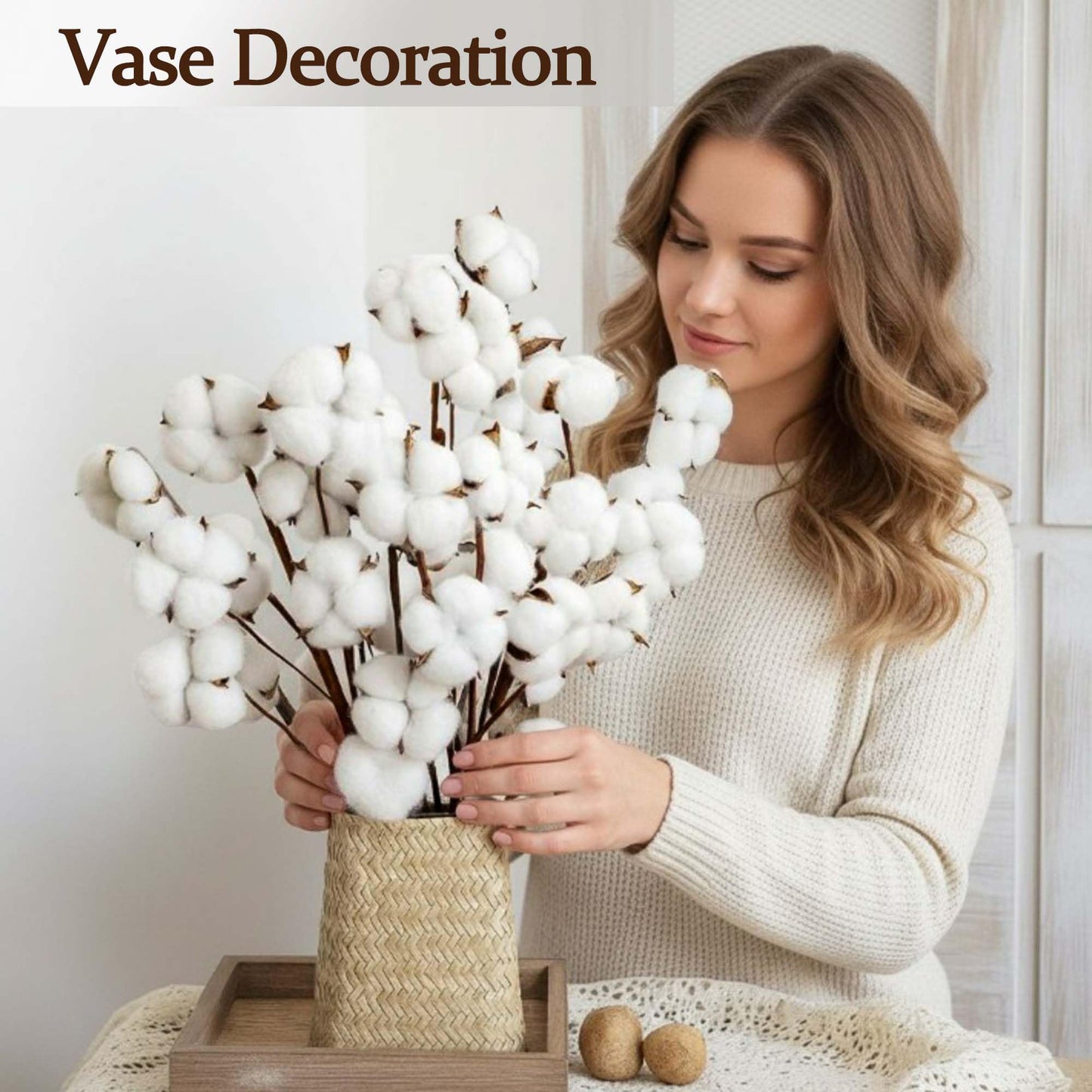 10 Packs Natural Dried Cotton Stems - 15 Inch Real Cotton Flowers with 20 Bolls, Rustic Farmhouse Decor Branches Bundle for DIY Vase Fillers and Wedding Centerpiece, Christmas, Halloween