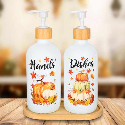 JarThenaAMCS 2Pcs Fall Soap Dispenser Maple Leaves Pumpkin Pile Glass Dispenser with Pump Refillable Liquid Soap Container for Autumn Thanksgiving Kitchen Bathroom Decor
