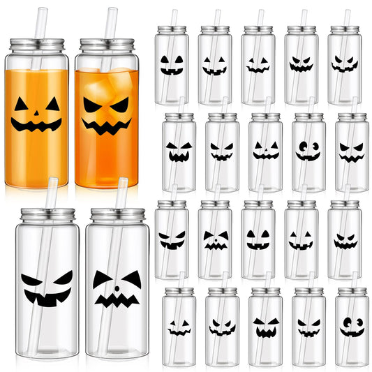 Potchen 24 Pcs Halloween Plastic Cups with Lids and Straws Reusable 13.5 oz Pumpkin Face Jack O Lantern Cups Beverage Drinking Plastic Tumbler Bulk for Halloween Trick or Treat Party Favor Supplies