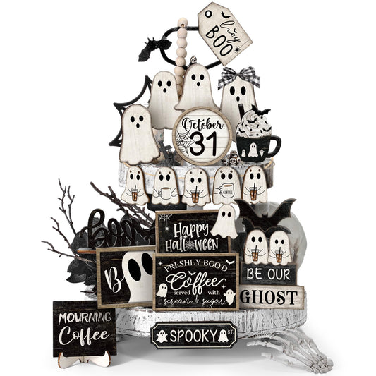 Seeloowy 19 Pcs Halloween Tiered Tray Decor Set Happy Halloween Cut Ghost Boo Wooden Signs Bat Coffee Rustic Table Decorations for Farmhouse Kitchen Shelf Party Supplies