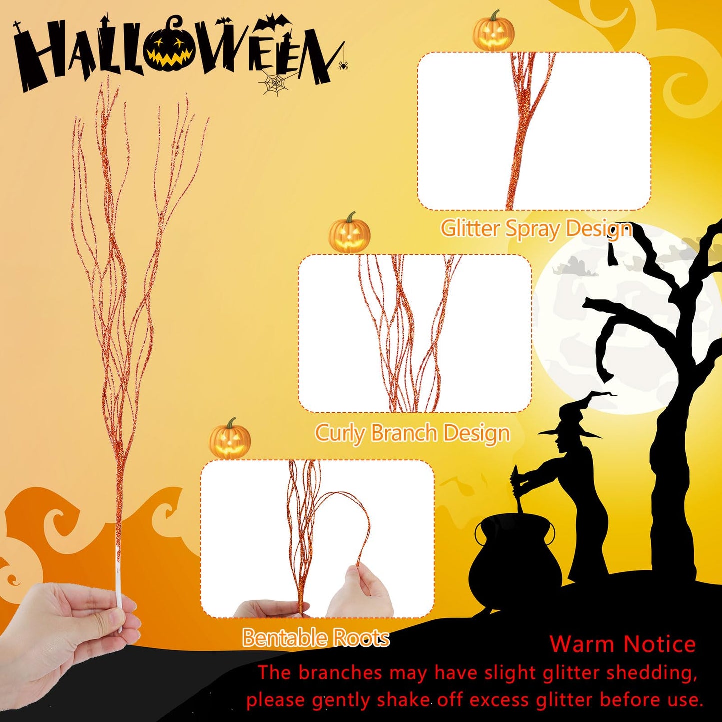 YBB 30Pcs Halloween Artificial Glitter Branches, 17 Inch Fall Stem Floral Picks Decorative Twigs for Halloween Thanksgiving Day Home Table Vase Decoration (Green&Purple&Orange)
