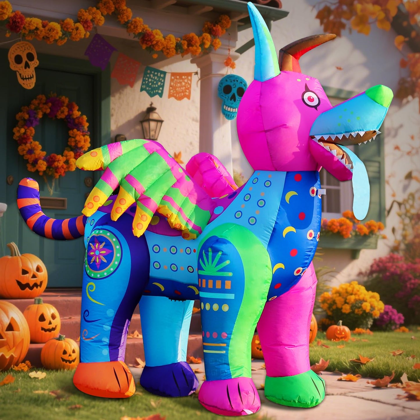 DomKom 6FT Halloween Inflatable Blow Up Decorations, Dia de Los Muertos Day of Dead Alebrije, Built-in LEDs for Holiday Party, Garden, Lawn, Yard, Patio Décor