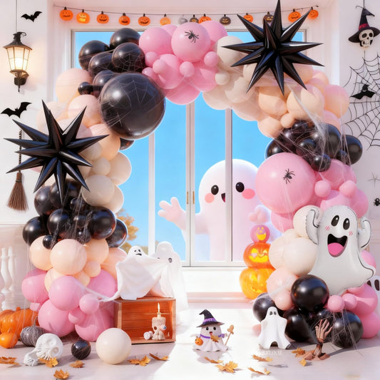 Halloween Balloon Arch Garland Kit, Black Macaron Pink Orange Sand White Balloons, Ghost and Star Foil Balloon, Fake Spider Webs for Kid Girl Halloween Birthday Party Decorations Baby Shower Backdrop