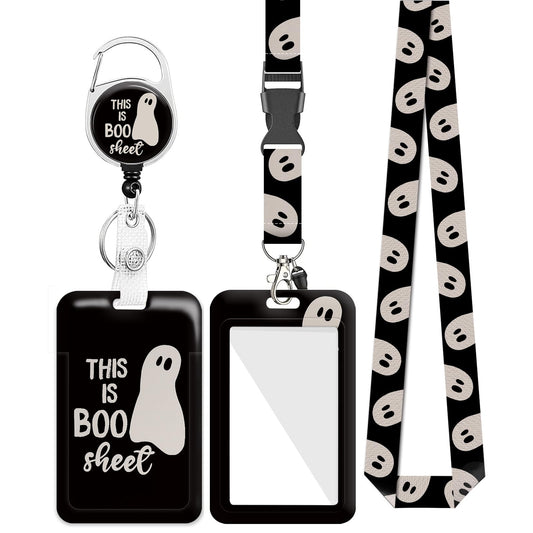 Halloween Badge Holder with Lanyard and Retractable Keychain Badge Reel This is Boo Sheet, Cute Ghost Name Tag Vertical ID Protector for Nurse Office Staff Student Holiday Decor