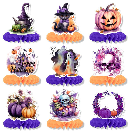 9 PCS Halloween Honeycomb Centerpieces for Table Decoration,Evil Pumpkin Skull Ghost Black Cat 3D Table Topper Sign Purple Orange for Happy Halloween Party Favor Bar Haunted House Decoration