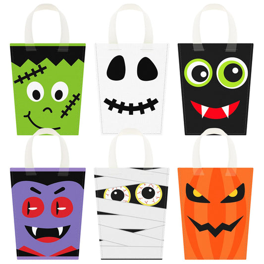 Sratte 24 Pack Halloween Non-Woven Treat Bags 6 Cute Patterns Design Trick or Treat Reusable Candy Goodies Bags with Handle Pumpkin Ghost Bat for Halloween Party Favors(10.63" x 9.06")