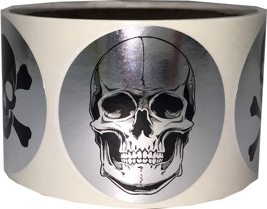 Silver Skull and Crossbones Circle Dot Stickers, 2 Inch Round, 100 Labels on a Roll