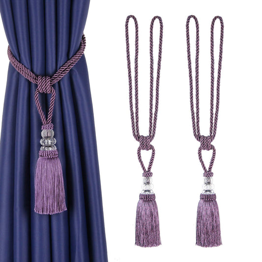 BEL AVENIR 2 Pack Curtain Tiebacks Hand-Woven Crystal Holdbacks Home Decorative Tassels Tiebacks (Purple, 2 Pack)