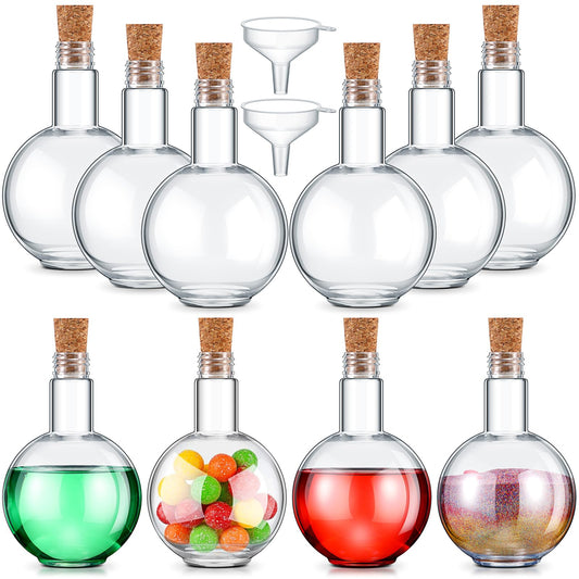 Baderke Plastic Potion Bottles with Cork 8 oz Sand Art Ball Shape Bottles with Funnels Spherical Decorative Candy Jar for Cocktail Witch Costume Props Party DIY Crafts(10 Sets)