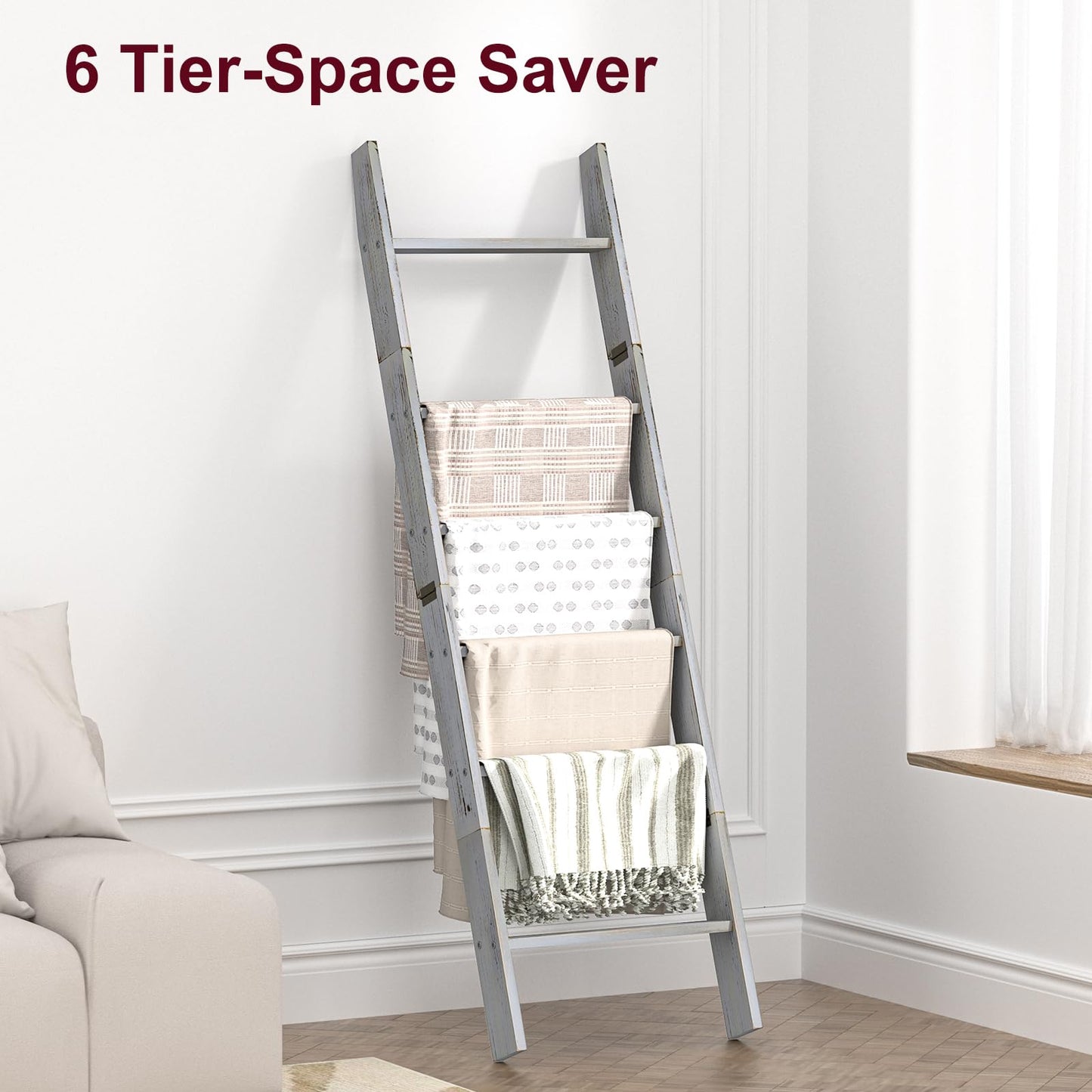 Honest Blanket Ladders for the Living Room, 6-Tier Blanket Holder, Wall-Leaning Blanket Rack, Ladder Shelves, Wooden Quilt Ladder, Farmhouse Decor, Grey