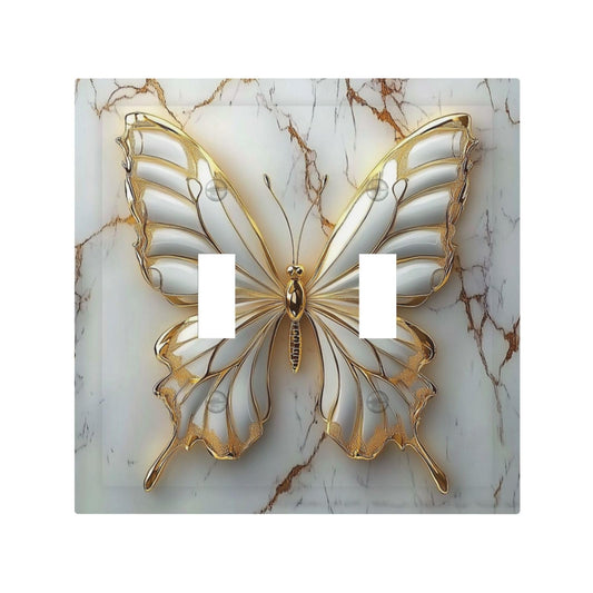 OILbiexn Decorative Light Switch Cover White Gold Abstract Modern Marble Butterfly 2 Gang Double Toggle Wall Plates Switch Plate Electrical Outlet Cover Decora Switch Plate for Bathroom Kitchen Decor