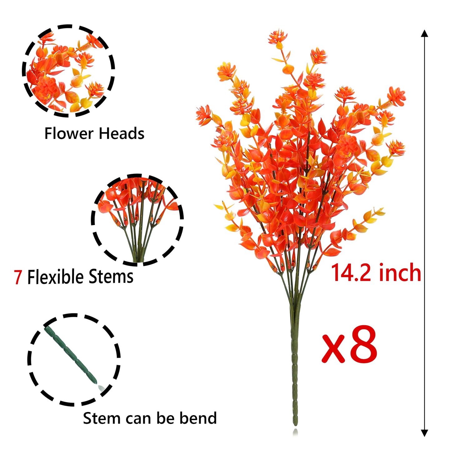 SITUMEIZI Artificial Mums for Outdoor Fall Flowers,Faux Flower Eucalyptus Leaves Fake Plants Greenery Outside Plastic Proch Patio Front Fall Halloween Thanksgiving Decorations(8Pcs,Orange)