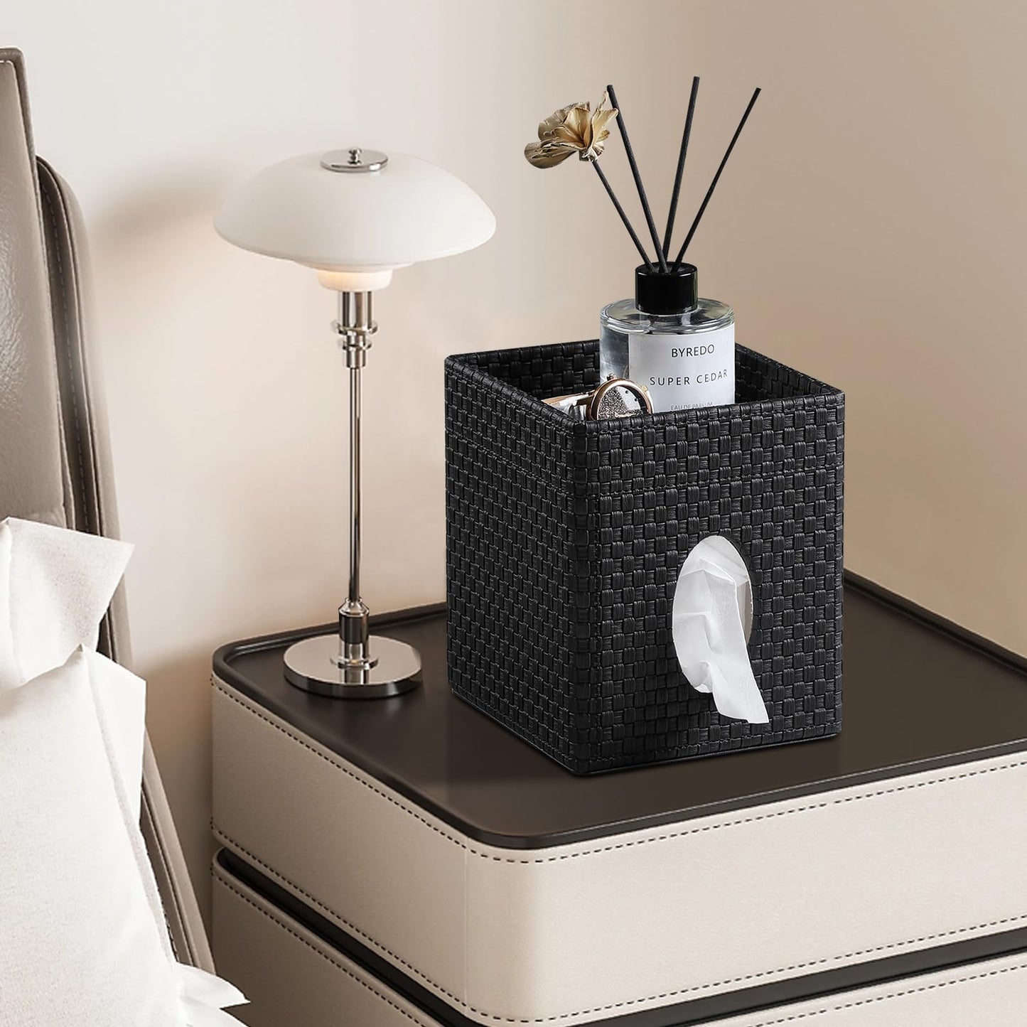 Square Tissue Box Cover, Stylish Leather Tissue Box Holder with Storage Tray, Decorative Tissue Rack Storage Box for Living Room, Bedroom, and Office Desk(Black Woven Pattern)