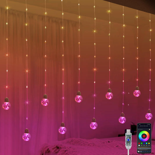 Color Changing Wishing Ball Curtain Lights, 9.8 x 3.3 FT RGB LED Fairy Light with Remote App Control, Music Sync Window Backdrop Wall Hanging Lights for Bedroom Party Halloween Christmas Decoration