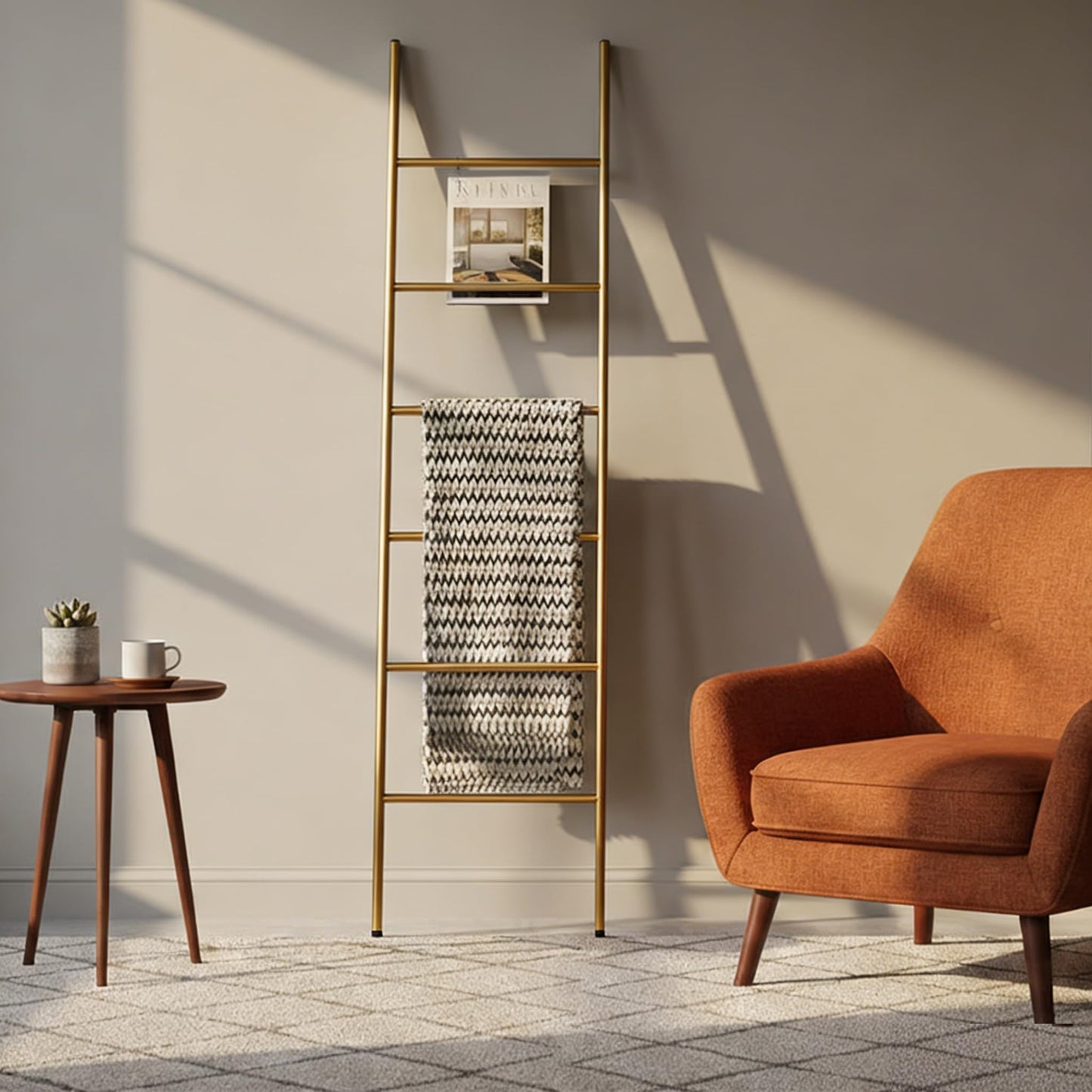 6-Tier Blanket Ladder 68 Inch Wall-Leaning Towel Rack for Living Room and Bedroom, Easy Assembly - Gold