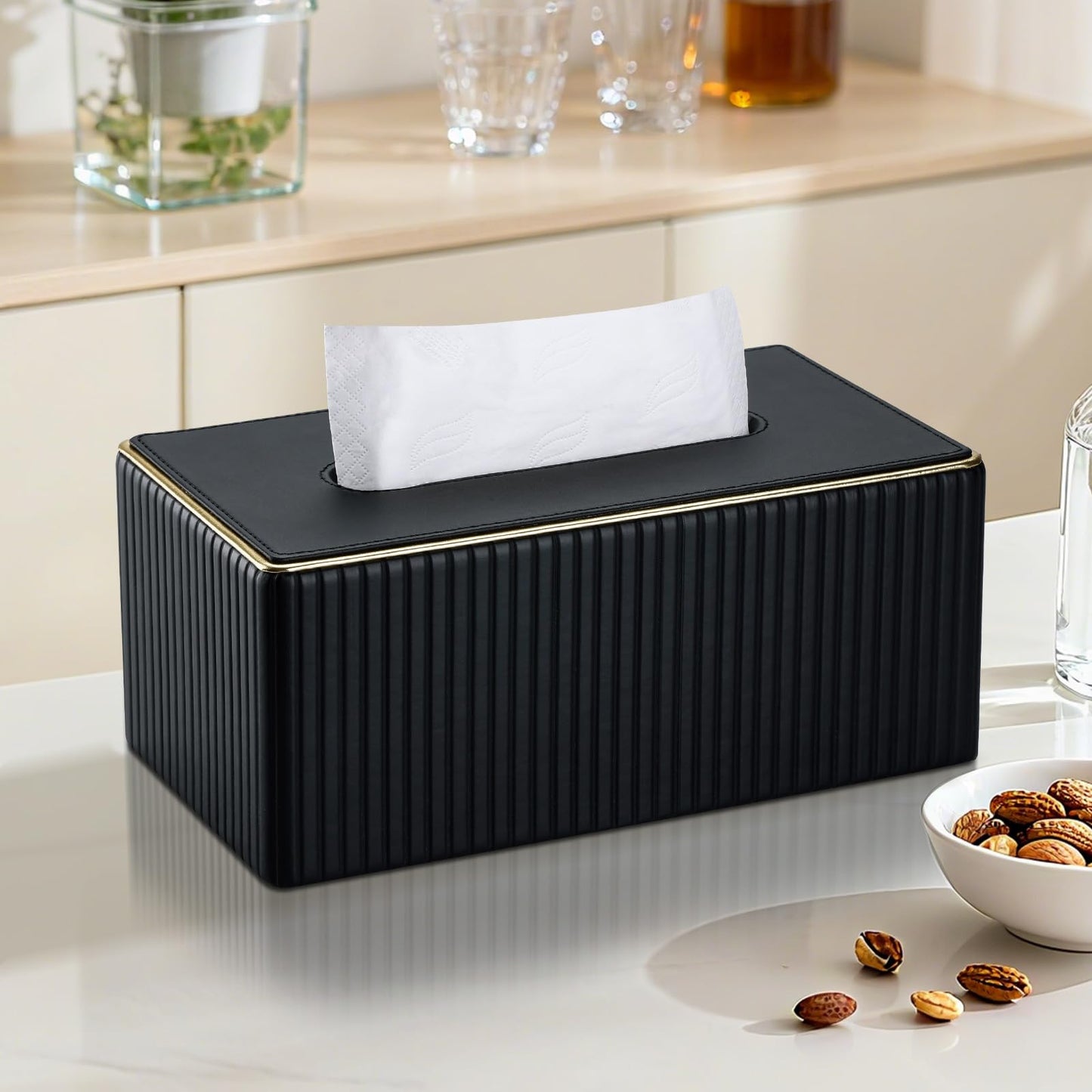 KINGFOM Rectangular Tissue Box Cover, PU Leather Tissue Box Holder with Magnetic Bottom, Napkin & Facial Tissue Holder Dispenser Decorative Box Cover for 120-count (3-Ply) 160-count (2-Ply) Black