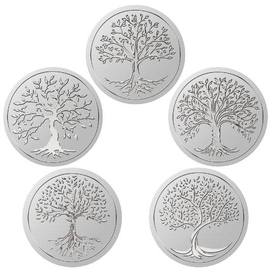 CRASPIRE 600Pcs Tree of Life Silver Foil Envelopes Stickers 1.5" 5 Style Embossed Certificate Seals Self Adhesive Sticker Decor Labels for Award Office Wedding Invitation Graduation Gift Packing