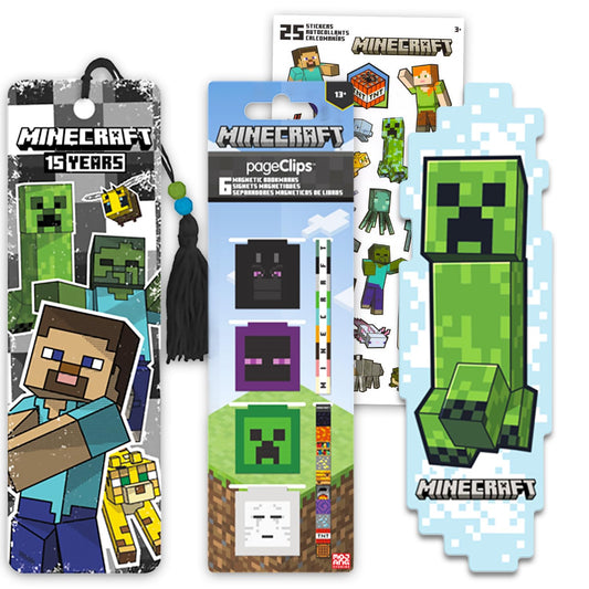 Minecraft Bookmark Set - Bundle with 8 Bookmarks and Page Clips Featuring Creepers, Zombies, More Plus Stickers | Minecraft School Supplies for Boys Girls Kids